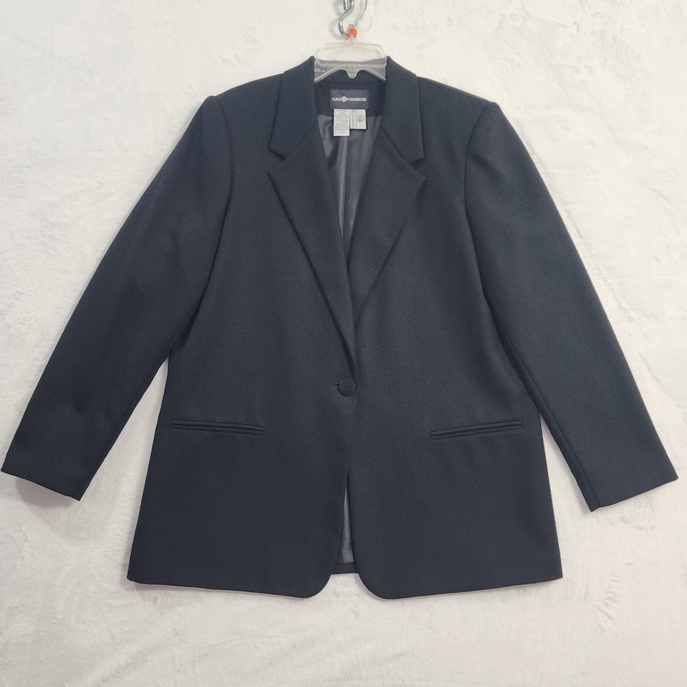 Vintage Sag Harbor Blazer Womens 16 Black Wool Long One Button Office Preppy